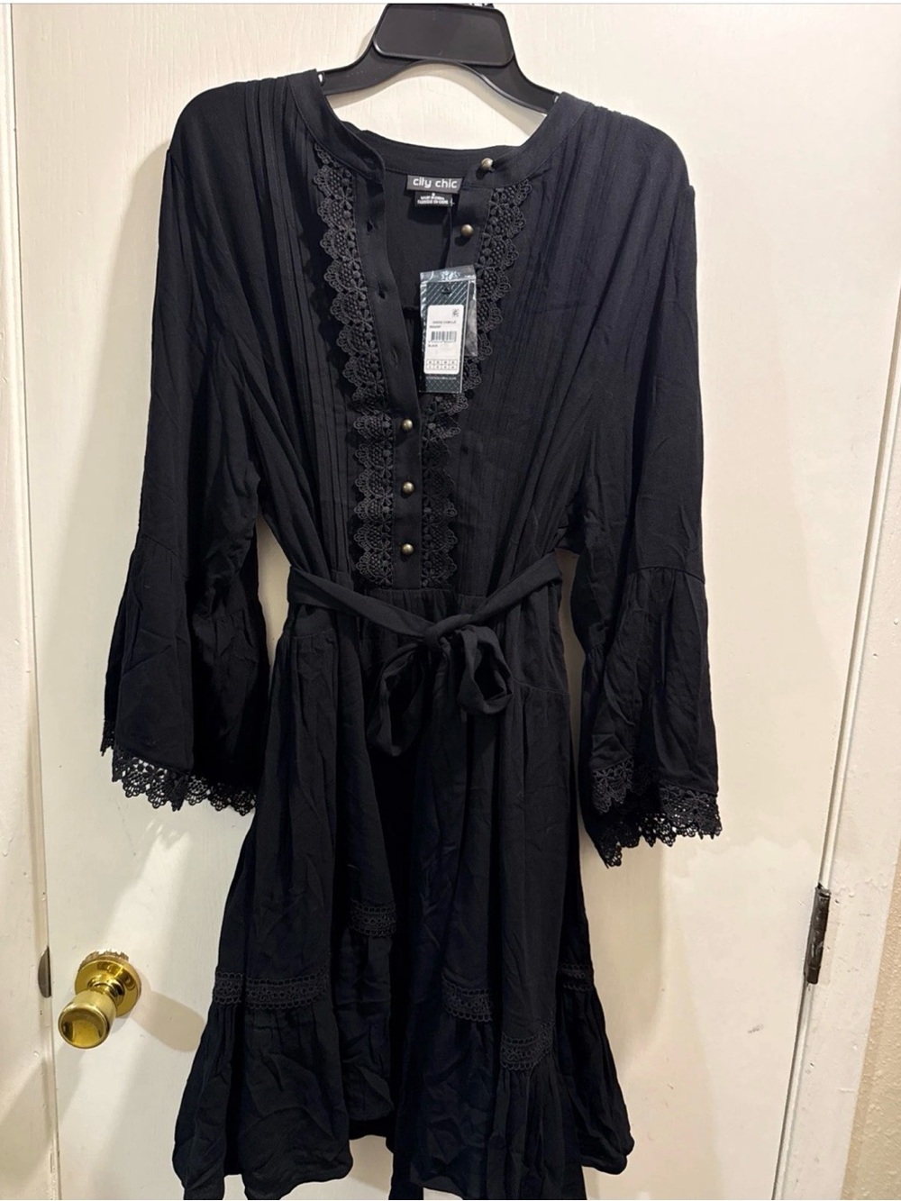 City Chic Black Lace-Trim Tie-Waist Midi Dress